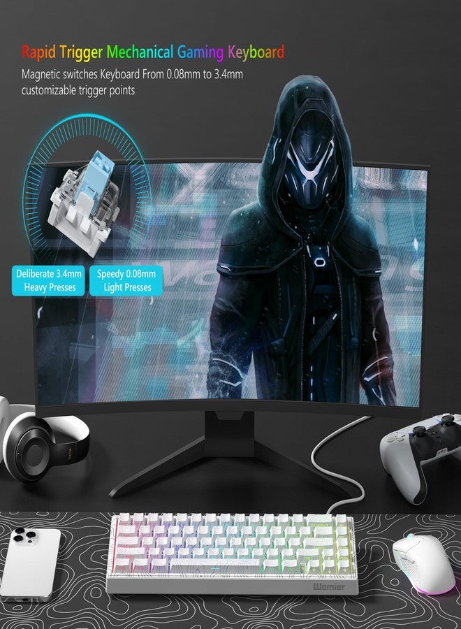 وومير لوحة مفاتيح Womier M68 HE V2 ذات استجابة سريعة بنسبة 60%، لوحة مفاتيح ألعاب طوبوغرافية بتقنية تأثير هول، لوحة مفاتيح ميكانيكية سلكية RGB قابلة للتخصيص مع مفتاح مغناطيسي، أغطية مفاتيح PBT لنظامي التشغيل Mac/Win (أبيض) - Image 2